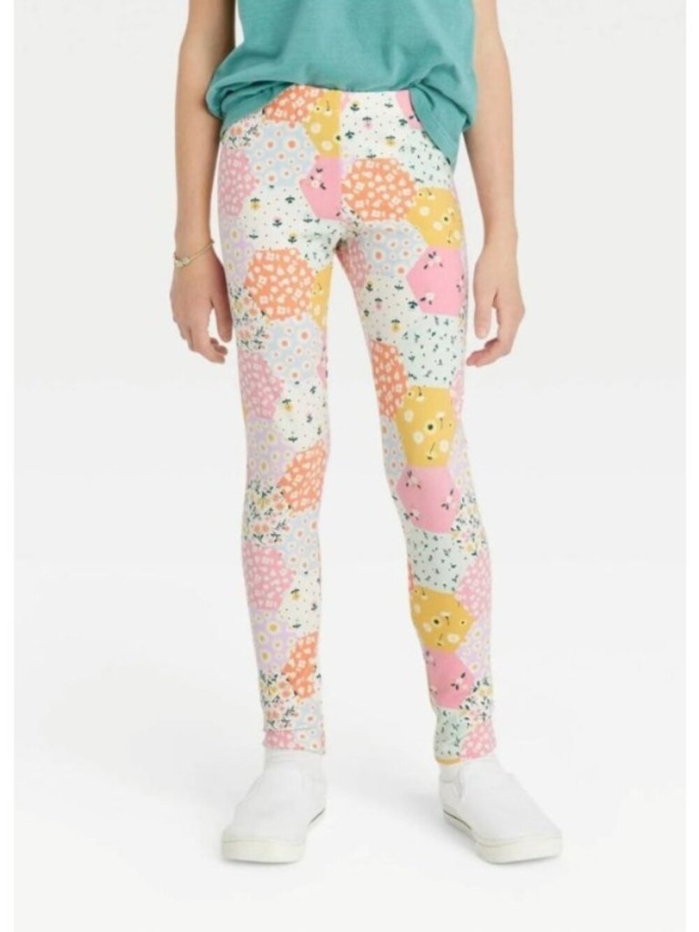 Girls Hexagon Patch Leggings Large 10/12 Durable Knee Stretch Floral Multi Color